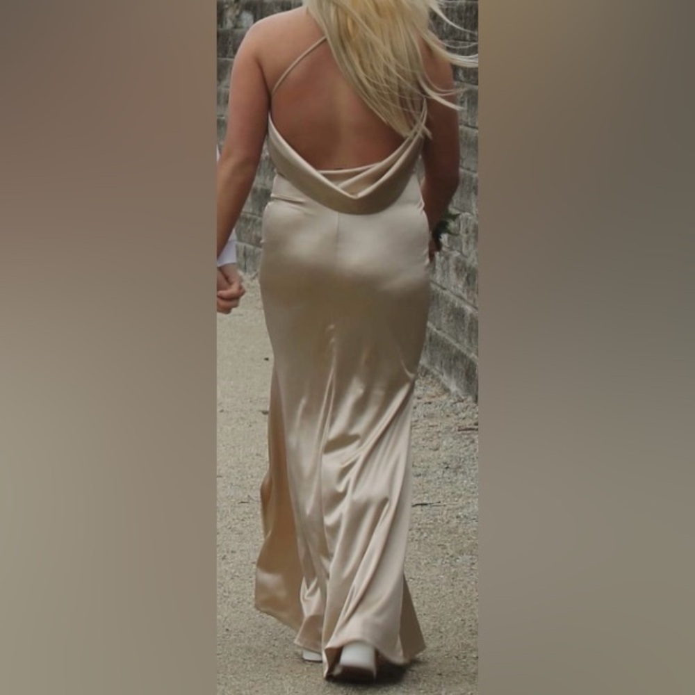 Open Back Elegant Satin Gold Prom Dress